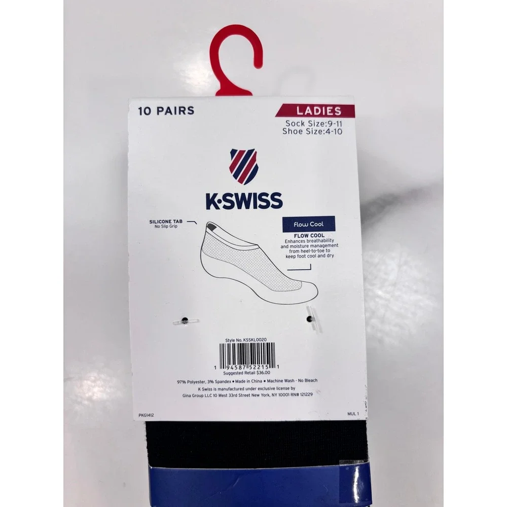 K-Swiss Ladies No Show Liner Socks 10 Pairs Black Silicone Tab Size 4-10